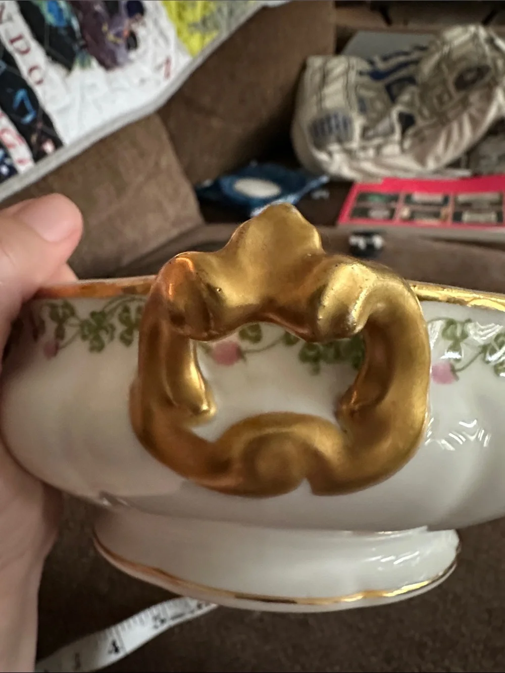 Antique Limoges Porcelain Serving Bowl with Gold Handles and Green Vine Detail